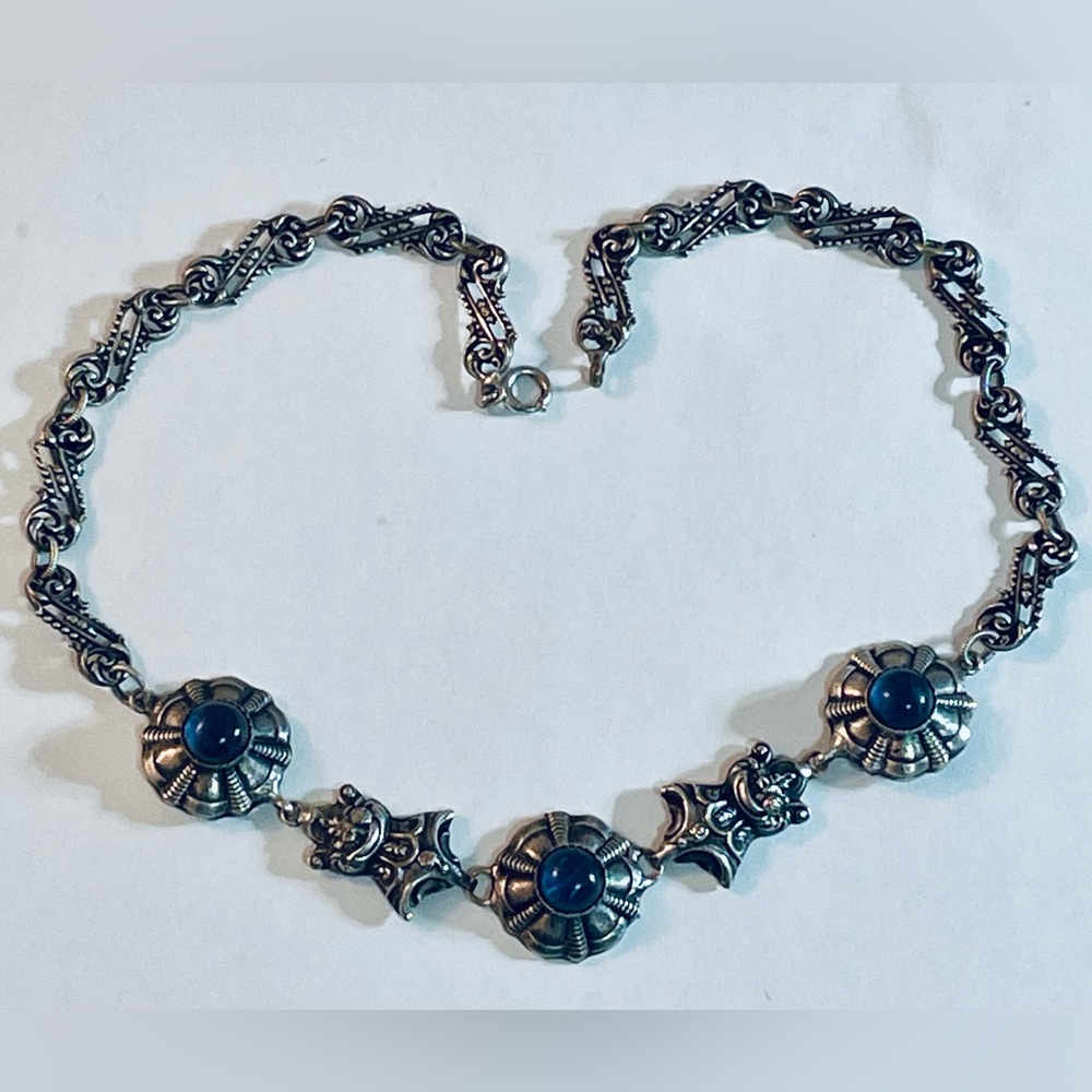 Vintage Made in France Silver Blue Glass Cabochon Floral Panel Choker Necklace